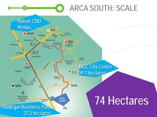 Arca
South
74 HectaresMadrigal Business Park
27.3 hectares
BGC City Center
39.7 hectares
Makati CBD
90 Has.
ARCA SOUTH: SCALE
 