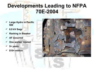 Developments Leading to NFPA 70E-2004 Large Hydro in Pacific NW 6.9 kV Swgr Racking in Breaker AF occurred One worker injured 5+ years $10+ million 