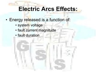 Electric Arcs Effects: Energy released is a function of: system voltage fault current magnitude fault duration 