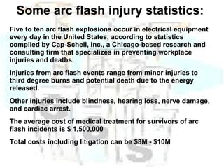 Some arc flash injury statistics: Five to ten arc flash explosions occur in electrical equipment every day in the United States, according to statistics compiled by Cap-Schell, Inc., a Chicago-based research and consulting firm that specializes in preventing workplace injuries and deaths. Injuries from arc flash events range from minor injuries to third degree burns and potential death due to the energy released. Other injuries include blindness, hearing loss, nerve damage, and cardiac arrest. The average cost of medical treatment for survivors of arc flash incidents is $ 1,500,000 Total costs including litigation can be $8M - $10M   
