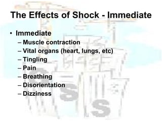The Effects of Shock - Immediate Immediate Muscle contraction Vital organs (heart, lungs, etc) Tingling Pain Breathing Disorientation Dizziness 