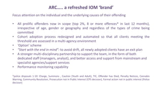 Focus attention on the individual and the underlying causes of their offending
• All prolific offenders now in scope (top 2%, 8 or more offences* in last 12 months),
irrespective of age, gender or geography and regardless of the types of crime being
committed
• Cohort adoption process redesigned and automated so that all clients meeting the
threshold are assessed in a multi-agency environment
• ‘Option’ scheme
• “Start with the end in mind”: to avoid drift, all newly adopted clients have an exit plan
• A stronger multi-disciplinary partnership to support the team, in the form of both
dedicated staff (managers, analyst), and better access and support from mainstream and
specialist agencies/support services
• Performance monitoring capability
*police disposals 1-10: Charge, Summons , Caution (Youth and Adult), TIC, Offender has Died, Penalty Notices, Cannabis
Warning, Community Resolution, Prosecution not in Public Interest (CPS decision), Formal action not in public interest (Police
decision)
ARC….. a refreshed IOM ‘brand’
 