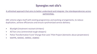 Synergies not silo’s
A refreshed approach that aims to better understand and integrate the interdependencies across
partnerships.
ARC scheme aligns itself with existing programmes and working arrangements, to reduce
duplication, achieve efficiencies and ensure synchronized service delivery:
• Bluelight (treatment resistant drinkers)
• ACTion Lincs (entrenched rough sleepers)
• Police Transformation Fund ‘Change that Lasts’ Pilot Project (domestic abuse perpetrators)
• MAPPA, MARAC, SMRAC, ASBRAC
 