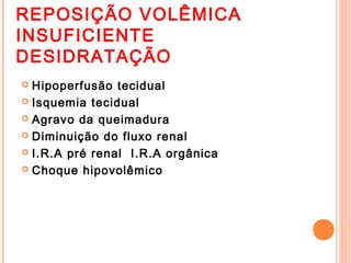 REPOSIÇÃO VOLÊMICA
INSUFICIENTE
DESIDRATAÇÃO
 Hipoperfusão tecidual
 Isquemia tecidual
 Agravo da queimadura
 Diminuição do fluxo renal
 I.R.A pré renal I.R.A orgânica
 Choque hipovolêmico
 