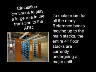 To make room for
all the many
Reference books
moving up to the
main stacks, the
entire 4th floor
stacks are
currently
undergoing a
major shift.
 