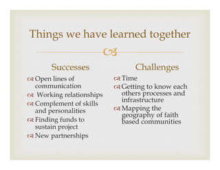 ?
Things we have learned together
Successes
? Open lines of
communication
? Working relationships
? Complement of skills
and personalities
? Finding funds to
sustain project
? New partnerships
Challenges
? Time
? Getting to know each
others processes and
infrastructure
? Mapping the
geography of faith
based communities
 