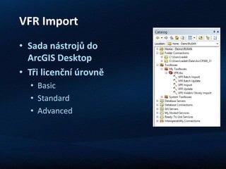 VFR Import
• Sada nástrojů do
ArcGIS Desktop
• Tři licenční úrovně
• Basic
• Standard
• Advanced
 