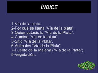 ÍNDICE


1-Vía de la plata.
2-Por qué se llama “Vía de la plata”.
3-Quién estudio la “Vía de la Plata”.
4-Camino “Vía de la plata”.
5-Sitio “Vía de la Plata”.
6-Animales “Vía de la Plata”.
7-Puente de la Malena (“Vía de la Plata”).
8-Vegetación.
 