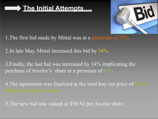 The Initial Attempts….
1.The first bid made by Mittal was at a premium of 27%.
2.In late May, Mittal increased this bid by 34%.
3.Finally, the last bid was increased by 14% implicating the
purchase ofArcelor’s share at a premium of 93%.
4.The agreement was finalized at the total buy out price of $33.8
billion in cash and stock.
5.The new bid was valued at $50.54 per Arcelor share.
 