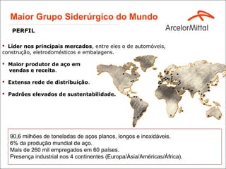 Maior Grupo Siderúrgico do Mundo
   PERFIL

 Líder nos principais mercados, entre eles o de automóveis,
construção, eletrodomésticos e embalagens.

 Maior produtor de aço em
  vendas e receita.

 Extensa rede de distribuição.

 Padrões elevados de sustentabilidade.




  90,6 milhões de toneladas de aços planos, longos e inoxidáveis.
  6% da produção mundial de aço.
  Mais de 260 mil empregados em 60 países.
  Presença industrial nos 4 continentes (Europa/Ásia/Américas/África).
 