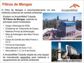 Filtros de Mangas
O Filtro de Mangas é reconhecidamente um dos
melhores sistemas de controle ambiental
 Existem na ArcelorMittal Tubarão
 76 Filtros de Mangas, estando os
 principais assim localizados:
    Carga e Descarga do CDQ;
    8 Sistemas do Tratamento de Coque;
    Matérias Primas da Sinterização;
    Silos de Estocagem dos Altos Fornos
     1, 2 e 3;
    Casas de Corrida dos Altos Fornos 1,           Secundário 3 da Aciaria
     2 e 3;
    Fornos da Calcinação;
    Dessulfuração de Gusa 1 e 2;
    Secundários 1, 2, 3 e 4 da Aciaria.

 A ArcelorMittal Tubarão dispõe de uma equipe
 de manutenção específica para sistemas e
 equipamentos de controle ambiental.            Stock House do Alto Forno 1
 