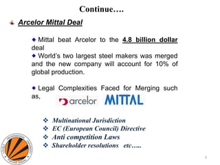 Continue….
Arcelor Mittal Deal
Mittal beat Arcelor to the 4.8 billion dollar
deal
World’s two largest steel makers was merged
and the new company will account for 10% of
global production.
Legal Complexities Faced for Merging such
as,
 Multinational Jurisdiction
 EC (European Council) Directive
 Anti competition Laws
 Shareholder resolutions etc…..
9
 