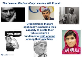11
Organizations that are
continually expanding their
capacity to create their
future require a
fundamental shift of mind
among their members.
The Learner Mindset - Only Learners Will Prevail
 
