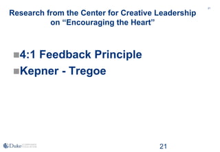 21
Research from the Center for Creative Leadership
on “Encouraging the Heart”
4:1 Feedback Principle
Kepner - Tregoe
21
 