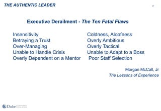 37
Insensitivity Coldness, Aloofness
Betraying a Trust Overly Ambitious
Over-Managing Overly Tactical
Unable to Handle Crisis Unable to Adapt to a Boss
Overly Dependent on a Mentor Poor Staff Selection
Morgan McCall, Jr
The Lessons of Experience
Executive Derailment - The Ten Fatal Flaws
THE AUTHENTIC LEADER
 
