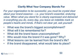 50
Clarify What Your Company Stands For
For your organization to be successful, you must be crystal clear
about your brand essence – i.e. your brand’s essential, enduring
value. When what you stand for is clearly expressed and delivered
in everything you do, every day, you leave an indelible mark on
people’s hearts and minds. If that’s not clear yet, ask yourself:
• What was the brand’s biggest accomplishment?
• What will it be remembered for?
• What did the brand leave unaccomplished?
• Who would miss the brand if it was gone? Why?
• What lessons can be learned from the brand’s life?
• If the brand disappeared, what would take its place?
 