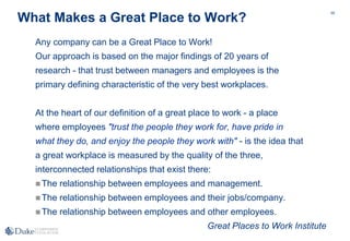55
What Makes a Great Place to Work?
Any company can be a Great Place to Work!
Our approach is based on the major findings of 20 years of
research - that trust between managers and employees is the
primary defining characteristic of the very best workplaces.
At the heart of our definition of a great place to work - a place
where employees "trust the people they work for, have pride in
what they do, and enjoy the people they work with" - is the idea that
a great workplace is measured by the quality of the three,
interconnected relationships that exist there:
The relationship between employees and management.
The relationship between employees and their jobs/company.
The relationship between employees and other employees.
Great Places to Work Institute
 