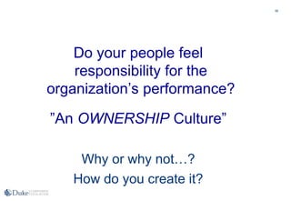 56
Do your people feel
responsibility for the
organization’s performance?
”An OWNERSHIP Culture”
Why or why not…?
How do you create it?
 