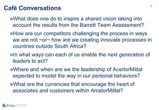 62
Café Conversations
What does one do to inspire a shared vision taking into
account the results from the Barrett Team Assessment?
How are our competitors challenging the process in ways
we are not ~or~ how are we creating innovate processes in
countries outside South Africa?
In what ways can each of us enable the next generation of
leaders to act?
Where and when are we the leadership of AcerlorMittal
expected to model the way in our personal behaviors?
What are the currencies that encourage the heart of
associates and customers within ArcelorMittal?
 
