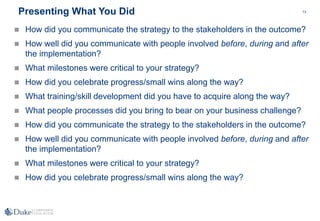 73
 How did you communicate the strategy to the stakeholders in the outcome?
 How well did you communicate with people involved before, during and after
the implementation?
 What milestones were critical to your strategy?
 How did you celebrate progress/small wins along the way?
 What training/skill development did you have to acquire along the way?
 What people processes did you bring to bear on your business challenge?
 How did you communicate the strategy to the stakeholders in the outcome?
 How well did you communicate with people involved before, during and after
the implementation?
 What milestones were critical to your strategy?
 How did you celebrate progress/small wins along the way?
Presenting What You Did
 