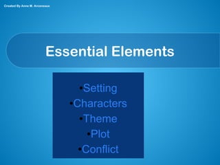 Essential Elements
●Setting
●Characters
●Theme
●Plot
●Conflict
Created By Anne M. Arceneaux
 