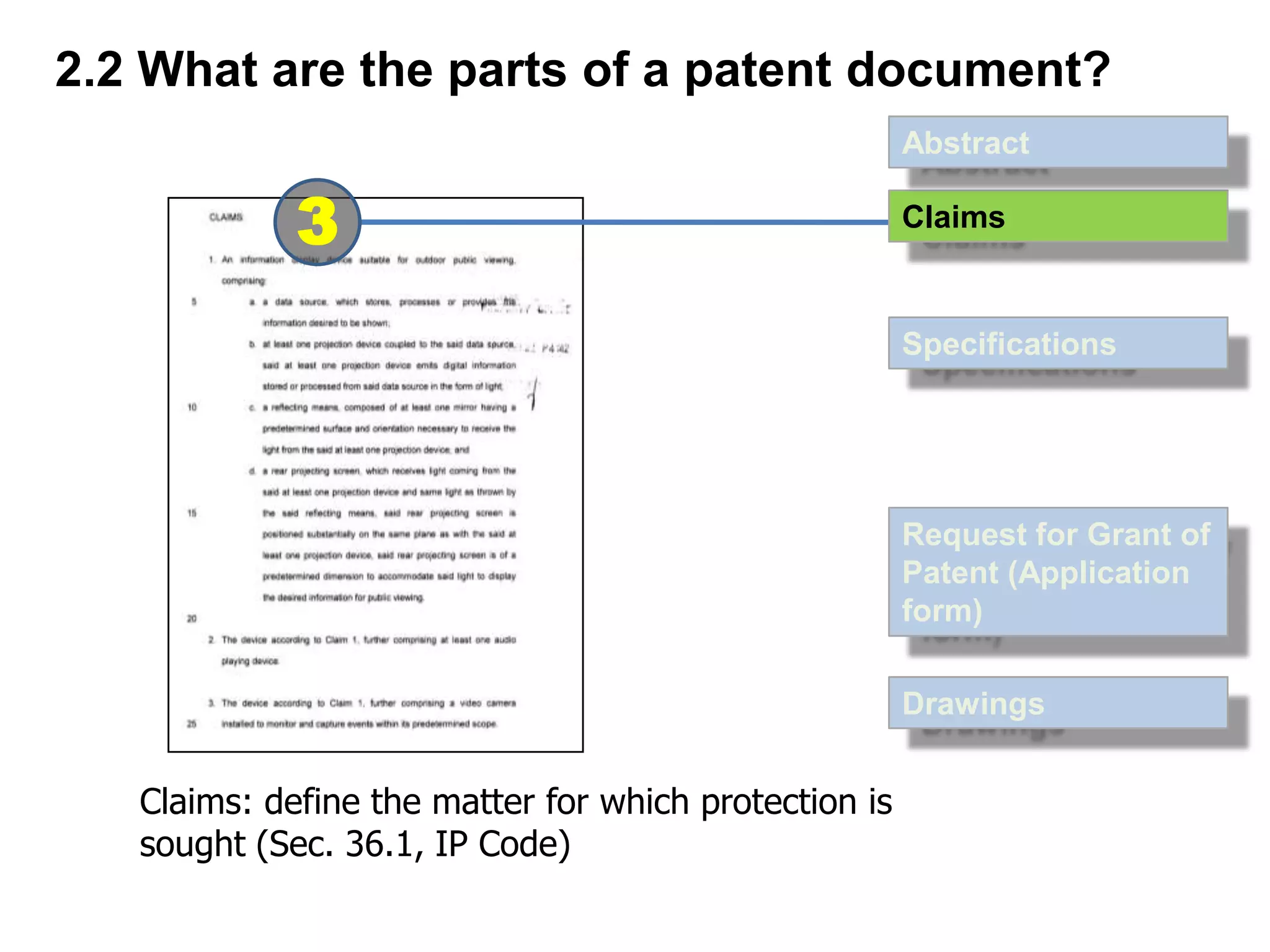 2.2 What are the parts of a patent document?
                                                       Abstract

             3                                         Claims



                                                       Specifications




                                                       Request for Grant of
                                                       Patent (Application
                                                       form)

                                                       Drawings


   Claims: define the matter for which protection is
   sought (Sec. 36.1, IP Code)
 