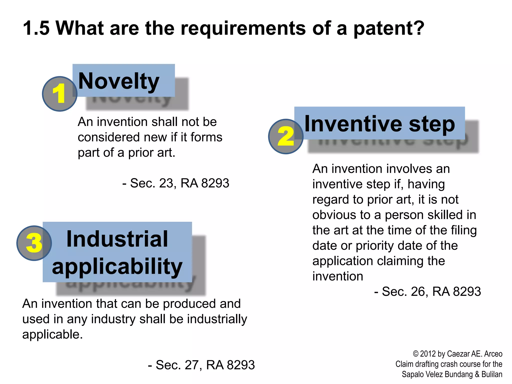 1.5 What are the requirements of a patent?

          Novelty
     1
          An invention shall not be              Inventive step
          considered new if it forms
          part of a prior art.
                                             2
                                                 An invention involves an
                  - Sec. 23, RA 8293             inventive step if, having
                                                 regard to prior art, it is not
                                                 obvious to a person skilled in

3 Industrial
                                                 the art at the time of the filing
                                                 date or priority date of the
                                                 application claiming the
     applicability                               invention
                                                              - Sec. 26, RA 8293
An invention that can be produced and
used in any industry shall be industrially
applicable.
                                                                      © 2012 by Caezar AE. Arceo
                       - Sec. 27, RA 8293                        Claim drafting crash course for the
                                                                   Sapalo Velez Bundang & Bulilan
 
