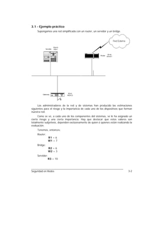 3.1 - Ejemplo práctico
     Supongamos una red simplificada con un router, un servidor y un bridge.




      Los administradores de la red y de sistemas han producido las estimaciones
siguientes para el riesgo y la importancia de cada uno de los dispositivos que forman
nuestra red:
      Como se ve, a cada uno de los componentes del sistemas, se le ha asignado un
cierto riesgo y una cierta importancia. Hay que destacar que estos valores son
totalmente subjetivos, dependen exclusivamente de quien ó quienes están realizando la
evaluación.
     Tenemos, entonces:
     Router:
                 R1 = 6
                 W1 = 7
     Bridge:
                 R2 = 6
                 W2 = 3
     Servidor:
                 R3 = 10



Seguridad en Redes                                                               3-2
 