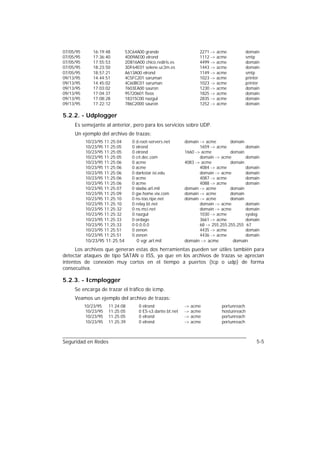 07/05/95       16:19:48        53C64A00 grande                     2271 -> acme         domain
07/05/95       17:36:40        4D09AE00 elrond                     1112 -> acme         smtp
07/05/95       17:55:53        2D816A00 chico.rediris.es           4499 -> acme         domain
07/05/95       18:23:50        3DF64E01 selene.uc3m.es             1443 -> acme         domain
07/05/95       18:57:21        A613A00 elrond                      1149 -> acme         smtp
09/13/95       14:44:51        4C5FC201 saruman                    1023 -> acme         printer
09/13/95       14:45:02        4C60BC01 saruman                    1023 -> acme         printer
09/13/95       17:03:02        7603EA00 sauron                     1230 -> acme         domain
09/13/95       17:04:37        95720601 fivos                      1825 -> acme         domain
09/13/95       17:08:28        18315C00 nazgul                     2835 -> acme         domain
09/13/95       17:22:12        786C2000 sauron                     1252 -> acme         domain

5.2.2. - Udplogger
     Es semejante al anterior, pero para los servicios sobre UDP.
     Un ejemplo del archivo de trazas:
           10/23/95 11:25:04      0 d.root-servers.net      domain -> acme        domain
           10/23/95 11:25:05      0 elrond                         1659 -> acme          domain
           10/23/95 11:25:05      0 elrond                  1660 -> acme          domain
           10/23/95 11:25:05      0 crl.dec.com                    domain -> acme        domain
           10/23/95 11:25:06      0 acme                    4083 -> acme          domain
           10/23/95 11:25:06      0 acme                           4084 -> acme          domain
           10/23/95 11:25:06      0 darkstar.isi.edu               domain -> acme        domain
           10/23/95 11:25:06      0 acme                           4087 -> acme          domain
           10/23/95 11:25:06      0 acme                           4088 -> acme          domain
           10/23/95 11:25:07      0 sladw.arl.mil           domain -> acme        domain
           10/23/95 11:25:09      0 gw.home.vix.com         domain -> acme        domain
           10/23/95 11:25:10      0 ns-too.ripe.net         domain -> acme        domain
           10/23/95 11:25:10      0 relay.bt.net                   domain -> acme        domain
           10/23/95 11:25:32      0 ns.mci.net                     domain -> acme        domain
           10/23/95 11:25:32      0 nazgul                         1030 -> acme          syslog
           10/23/95 11:25:33      0 ordago                         3661 -> acme          domain
           10/23/95 11:25:33      0 0.0.0.0                        68 -> 255.255.255.255 67
           10/23/95 11:25:51      0 zenon                          4435 -> acme          domain
           10/23/95 11:25:51      0 zenon                          4436 -> acme          domain
           10/23/95 11:25:54        0 vgr.arl.mil           domain -> acme        domain
     Los archivos que generan estas dos herramientas pueden ser útiles también para
detectar ataques de tipo SATAN o ISS, ya que en los archivos de trazas se aprecian
intentos de conexión muy cortos en el tiempo a puertos (tcp o udp) de forma
consecutiva.

5.2.3. - Icmplogger
     Se encarga de trazar el tráfico de icmp.
     Veamos un ejemplo del archivo de trazas:
           10/23/95    11:24:08      0 elrond               -> acme          portunreach
            10/23/95   11:25:05      0 ES-s3.dante.bt.net   -> acme          hostunreach
            10/23/95   11:25:05      0 elrond               -> acme          portunreach
            10/23/95   11:25:39      0 elrond               -> acme          portunreach



Seguridad en Redes                                                                           5-5
 
