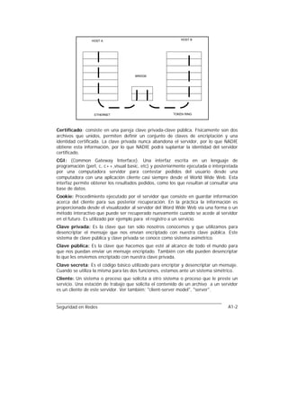 HOST A                                      HOST B




                                     BRIDGE




                  ETHERNET                              TOKEN RING




Certificado: consiste en una pareja clave privada-clave pública. Fisicamente son dos
archivos que unidos, permiten definir un conjunto de claves de encriptación y una
identidad certificada. La clave privada nunca abandona el servidor, por lo que NADIE
obtiene esta información, por lo que NADIE podrá suplantar la identidad del servidor
certificado.
CGI: (Common Gateway Interface). Una interfaz escrita en un lenguaje de
programación (perl, c, c++,visual basic, etc) y posteriormente ejecutada o interpretada
por una computadora servidor para contestar pedidos del usuario desde una
computadora con una aplicación cliente casi siempre desde el World Wide Web. Esta
interfaz permite obtener los resultados pedidos, como los que resultan al consultar una
base de datos.
Cookie: Procedimiento ejecutado por el servidor que consiste en guardar información
acerca del cliente para sus posterior recuperación. En la práctica la información es
proporcionada desde el visualizador al servidor del Word Wide Web vía una forma o un
método interactivo que puede ser recuperado nuevamente cuando se acede al servidor
en el futuro. Es utilizado por ejemplo para el registro a un servicio.
Clave privada: Es la clave que tan sólo nosotros conocemos y que utilizamos para
desencriptar el mensaje que nos envían encriptado con nuestra clave pública. Este
sistema de clave pública y clave privada se conoce como sistema asimétrico.
Clave pública: Es la clave que hacemos que esté al alcance de todo el mundo para
que nos puedan enviar un mensaje encriptado. También con ella pueden desencriptar
lo que les enviemos encriptado con nuestra clave privada.
Clave secreta: Es el código básico utilizado para encriptar y desencriptar un mensaje.
Cuando se utiliza la misma para las dos funciones, estamos ante un sistema simétrico.
Cliente: Un sistema o proceso que solicita a otro sistema o proceso que le preste un
servicio. Una estación de trabajo que solicita el contenido de un archivo a un servidor
es un cliente de este servidor. Ver también: "client-server model", "server".


Seguridad en Redes                                                                A1-2
 