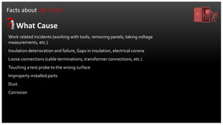 Facts about ARC FLASH
What Cause
Work related incidents (working with tools, removing panels, taking voltage
measurements, etc.)
Insulation deterioration and failure, Gaps in insulation, electrical corona
Loose connections (cable terminations, transformer connections, etc.)
Touching a test probe to the wrong surface
Improperly installed parts
Dust
Corrosion
 
