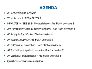 • AF Concepts and Analysis
• What is new in NFPA 70 2009
• NFPA 70E & IEEE 1584 Methodology – Arc Flash exercise 5
• Arc Flash study case & display options - Arc Flash exercise 1
• AF Analysis for LV - Arc Flash exercise 4
• AF Report Analyzer- Arc Flash exercise 2
• AF differential protection – Arc Flash exercise 6
• AF for 1-Phase applications – Arc Flash exercise 7
• AF Options (preferences) – Arc Flash exercise 3
• Questions and Answers session
AGENDA
 