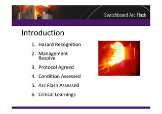 Introduction
  1. Hazard Recognition
  2. Management 
     Resolve 
  3. Protocol Agreed
  4. Condition Assessed
  5. Arc Flash Assessed
  6. Critical Learnings
 