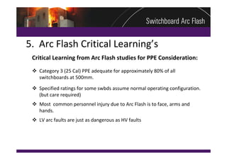 5.  Arc Flash Critical Learning’s
 Critical Learning from Arc Flash studies for PPE Consideration:
  Category 3 (25 Cal) PPE adequate for approximately 80% of all 
   switchboards at 500mm.

  Specified ratings for some swbds assume normal operating configuration. 
   (but care required)
  Most  common personnel injury due to Arc Flash is to face, arms and 
   hands.
  LV arc faults are just as dangerous as HV faults
 