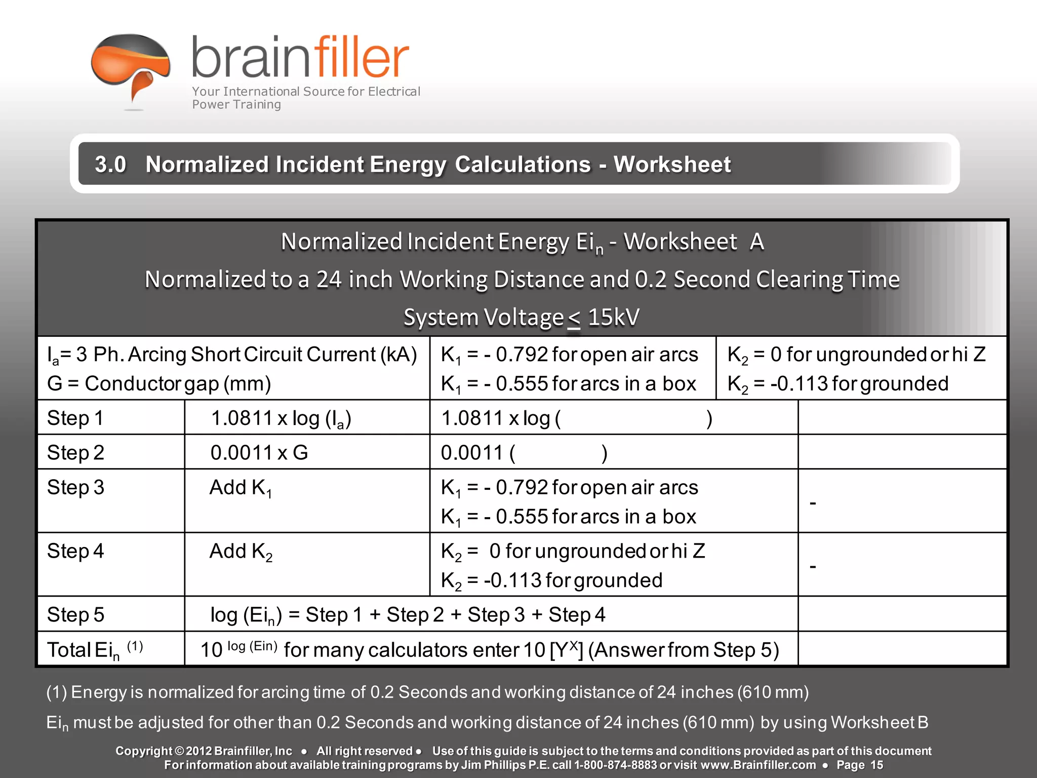 Arc Flash Studies How to Perform an Arc Flash Calculation Study
Based on IEEE 1584, NFPA70E, NESC Standards, DC Research and Jim Phillips’ Arc
Flash Book and Guide
www.brainfiller.com T2GTechnical TrainingGroup ®
800-874-8883
2.0 Arcing Short Circuit Calculations
NormalizedIncidentEnergy Ein - Worksheet A
Normalizedto a 24 inch Working Distance and 0.2 Second Clearing Time
System Voltage< 15kV
Ia= 3 Ph.Arcing ShortCircuit Current (kA)
G = Conductorgap (mm)
K1 = - 0.792 foropen air arcs
K1 = - 0.555 forarcs in a box
K2 = 0 for ungroundedorhi Z
K2 = -0.113 forgrounded
Step 1 1.0811 x log (Ia) 1.0811 x log ( )
Step 2 0.0011 x G 0.0011 ( )
Step 3 Add K1 K1 = - 0.792 foropen air arcs
K1 = - 0.555 forarcs in a box
-
Step 4 Add K2 K2 = 0 for ungroundedorhi Z
K2 = -0.113 forgrounded
-
Step 5 log (Ein) = Step 1 + Step 2 + Step 3 + Step 4
TotalEin
(1)
10 log (Ein)
for many calculators enter10 [YX
] (Answerfrom Step 5)
(1) Energy is normalized for arcing time of 0.2 Seconds and working distance of 24 inches (610 mm)
Ein must be adjusted for other than 0.2 Seconds and working distance of 24 inches (610 mm) by using Worksheet B
3.0 Normalized Incident Energy Calculations - Worksheet
Copyright © 2012 Brainfiller, Inc ● All right reserved ● Use of this guide is subject to the terms and conditions provided as part of this document
For information about available trainingprograms by Jim Phillips P.E. call 1-800-874-8883 or visit www.Brainfiller.com ● Page 15
Your International Source for Electrical
Power Training
 