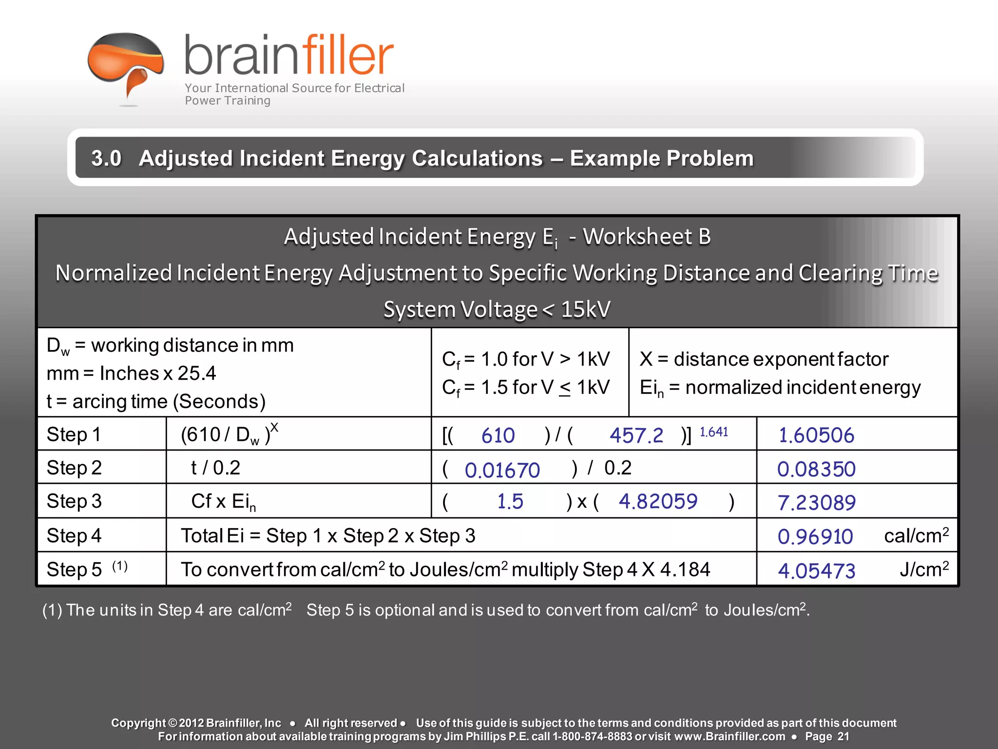 www.brainfiller.com T2GTechnical TrainingGroup ®
800-874-8883
3.0 Adjusted Incident Energy Calculations – Example Problem
AdjustedIncident Energy Ei - Worksheet B
NormalizedIncidentEnergy Adjustment to Specific Working Distance and Clearing Time
System Voltage< 15kV
Dw = working distance in mm
mm = Inches x 25.4
t = arcing time (Seconds)
Cf = 1.0 for V > 1kV
Cf = 1.5 for V < 1kV
X = distance exponentfactor
Ein = normalized incidentenergy
Step 1 (610 / Dw )X
[( ) / ( )]
Step 2 t / 0.2 ( ) / 0.2
Step 3 Cf x Ein ( ) x ( )
Step 4 TotalEi = Step 1 x Step 2 x Step 3 cal/cm2
Step 5 (1) To convertfrom cal/cm2 to Joules/cm2 multiply Step 4 X 4.184 J/cm2
(1) The units in Step 4 are cal/cm2 Step 5 is optional and is used to convert from cal/cm2 to Joules/cm2.
1.60506
0.08350
1.5 4.82059 7.23089
0.96910
610 457.2 1.641
0.01670
4.05473
Copyright © 2012 Brainfiller, Inc ● All right reserved ● Use of this guide is subject to the terms and conditions provided as part of this document
For information about available trainingprograms by Jim Phillips P.E. call 1-800-874-8883 or visit www.Brainfiller.com ● Page 21
Your International Source for Electrical
Power Training
 
