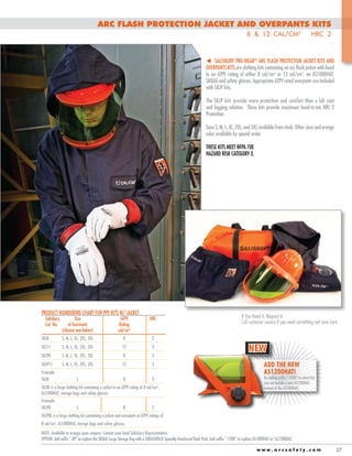 Arc Flash Protection Jacket and Overpants Kits
8 & 12 cal/cm2 HRC 2
t Salisbury PRO-WEAR® Arc Flash Protection Jacket Kits and
Overpants Kits are clothing kits containing an arc flash jacket with hood
in an ATPV rating of either 8 cal/cm2 or 12 cal/cm2, an AS1000HAT,
SKBAG and safety glasses. Appropriate ATPV rated overpants are included
with SKJP kits.
The SKJP kits provide more protection and comfort than a lab coat
and legging solution. These kits provide maximum head-to-toe HRC 2
Protection.
Sizes S, M, L, XL, 2XL, and 3XL available from stock. Other sizes and orange
color available by special order.
These kits meet NFPA 70E
Hazard Risk Category 2.

Product Numbering Chart for PPE Kits w/ Jacket
Salisbury	
Size	
	 Cat. No.	
of Garments	
		
(choose one below)	

	

ATPV	
HRC
Rating		
cal/cm2

SKJ8	

S, M, L, XL, 2XL, 3XL	

8	

2

SKJ11	

S, M, L, XL, 2XL, 3XL	

12	

2

SKJP8	

S, M, L, XL, 2XL, 3XL	

8	

2

SKJP11	

S, M, L, XL, 2XL, 3XL	

12	

2

Example:
SKJ8	

L	

8	

2

If You Need it, Request it.
Call customer service if you need something not seen here.

SKJ8L is a large clothing kit containing a jacket in an ATPV rating of 8 cal/cm2,
AS1000HAT, storage bags and safety glasses.
Example:
SKJP8	

L	

8	

NEW
ADD THE NEW
AS1200HAT!

By adding suffix “-1200” to select kits
you can include a new AS1200HAT
instead of the AS1000HAT.

2

SKJP8L is a large clothing kit containing a jacket and overpants in ATPV ratings of
8 cal/cm2, AS1000HAT, storage bags and safety glasses.
NOTE: Available in orange upon request. Contact your local Salisbury Representative.
OPTION: Add suffix “-BP” to replace the SKBAG Large Storage Bag with a SKBACKPACK Specialty Reinforced Back Pack. Add suffix “-1200” to replace AS1000HAT w/ AS1200HAT.
www.arcsafety.com

27

 