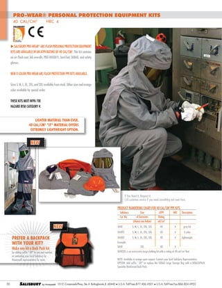 PRO-WEAR® Personal Protection Equipment Kits
HRC 4
40 cal/cm2

u Salisbury PRO-WEAR® Arc Flash Personal Protection Equipment
Kits are available in an ATPV rating of 40 cal/cm2. This kit contains
an arc flash coat, bib overalls, PRO-HOOD®, hard hat, SKBAG, and safety
glasses.
NEW 2-COLOR PRO-WEAR Arc Flash Protection PPE Kits available.
Sizes S, M, L, XL, 2XL, and 3XL available from stock. Other sizes and orange
color available by special order.
These kits meet NFPA 70E
Hazard Risk Category 4.

LIGHTER MATERIAL THAN EVER.
40 CAL/CM2 “lt” MATERIAL OFFERS
extremely LIGHTWEIGHT OPTION.

NEW

If You Need it, Request it.
Call customer service if you need something not seen here.
Product Numbering Chart for 40 cal/cm2 PPE Kits
	 Salisbury	
	 Cat. No.	
		

Prefer a backpack
with your kit?

Make any kit a Back Pack kit,

by adding suffix “-BP” to you part number
or contacting your local Salisbury by
Honeywell representative for more.

30

SALISBURY

ATPV	
Rating
cal/cm2

HRC	

Description

SK	40	

S, M, L, XL, 2XL, 3XL	

40	

4	

gray kit

SK	40TC	

S, M, L, XL, 2XL, 3XL	

40	

4	

2-color

SK	40LT	

S, M, L, XL, 2XL, 3XL	

40	

4	

lightweight

Example:
SK	40	

NEW

Size	
of Garments	
(choose one below)	

2XL	

40	

4

SK402XL is an extra extra large clothing kit with a rating of 40 cal/cm2 that
NOTE: Available in orange upon request. Contact your local Salisbury Representative.
OPTION: Add suffix “-BP” to replace the SKBAG Large Storage Bag with a SKBACKPACK
Specialty Reinforced Back Pack.

101 E. Crossroads Pkwy., Ste. A Bolingbrook, IL 60440 l U.S.A. Toll Free:877.406.4501

l

U.S.A. Toll Free Fax:866.824.4922

 