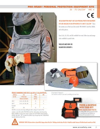 PRO-WEAR® Personal Protection Equipment Kits
55 - 75 cal/cm2 HRC 4

t Salisbury PRO-WEAR® Arc Flash Personal Protection Equipment
Kits are available in an ATPV rating of 55 and 75 cal/cm2*. These
kits contains an arc flash coat, bib overalls, PRO-HOOD®, hard hat, SKBAG,
and safety glasses.
Sizes S, M, L, XL, 2XL, and 3XL available from stock. Other sizes and orange
color available by special order.
These kits meet NFPA 70E
Hazard Risk Category 4.

Product Numbering Chart for 55 cal/cm2 & 75 cal/cm2 PPE Kits
	 Salisbury	
	 Cat. No.	
		

Size 	
of Garments	
(choose one below)	

ATPV	
Rating
cal/cm2

HRC

SK	55*	

S, M, L, XL, 2XL, 3XL	

55	

4

SK	75*	

S, M, L, XL, 2XL, 3XL	

75	

4

2XL	

55	

4

Example:
SK	55	

SK552XL is an extra extra large clothing kit with a rating of 55 cal/cm2 that
contains a coat, bib overalls, PRO-HOOD, hard hat, safety glasses and storage bag.
NOTE: Available in orange upon request. Contact your local Salisbury Representative.
OPTION: Add suffix “-BP” to replace the SKBAG Large Storage Bag with a SKBACKPACK
Specialty Reinforced Back Pack.

If You Need it, Request it.
Call customer service if you need something not seen here.

NEW
Prefer a backpack
with your kit?

Make any kit a Back Pack kit,

by adding suffix “-BP” to you part number
or contacting your local Salisbury by
Honeywell representative for more.

*Important: NFPA 70E does not have a Hazard Risk Category above 40 cal/cm2. Working on levels above 40 cal/cm2 should be avoided because of the blast hazards caused by arc flash.
www.arcsafety.com

31

 