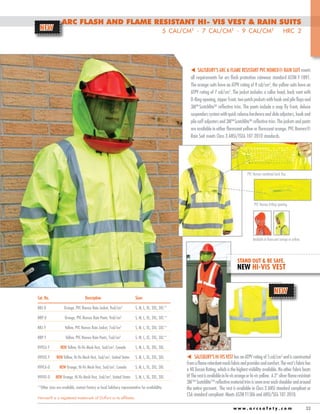 NEW

Arc Flash and Flame Resistant HI- VIS VEST & RAIN SUITS
5 cal/cm2 - 7 cal/cm2 - 9 cal/cm2 HRC 2

t Salisbury’s Arc & Flame Resistant PVC Nomex® Rain Suit meets
all requirements for arc flash protection rainwear standard ASTM F 1891.
The orange suits have an ATPV rating of 9 cal/cm2, the yellow suits have an
ATPV rating of 7 cal/cm2. The jacket includes a collar hood, back vent with
D-Ring opening, zipper front, two patch pockets with hook and pile flaps and
3MTM ScotchliteTM reflective trim. The pants include a snap fly front, deluxe
suspenders system with quick release hardware and slide adjusters, hook and
pile cuff adjusters and 3MTM ScotchliteTM reflective trim. The jackets and pants
are available in either florescent yellow or florescent orange. PVC Nomex®
Rain Suit meets Class 3 ANSI/ISEA 107-2010 standards.

PVC Nomex ventilated back flap.

PVC Nomex D-Ring opening.

Available in florescent orange or yellow.

stand out & be safe.

new hi-vis vest

Cat. No.	

Description	

Sizes

NRJ-O	

Orange, PVC Nomex Rain Jacket, 9cal/cm2	

S, M, L, XL, 2XL, 3XL**

NRP-O	

Orange, PVC Nomex Rain Pants, 9cal/cm2	

S, M, L, XL, 2XL, 3XL**

NRJ-Y	

Yellow, PVC Nomex Rain Jacket, 7cal/cm2	

S, M, L, XL, 2XL, 3XL**

NRP-Y	

Yellow, PVC Nomex Rain Pants, 7cal/cm2	

NEW

S, M, L, XL, 2XL, 3XL**

HVVCA-Y	

NEW Yellow, Hi-Vis Mesh Vest, 5cal/cm2, Canada	

S, M, L, XL, 2XL, 3XL

HVVUS-Y	

NEW Yellow, Hi-Vis Mesh Vest, 5cal/cm2, United States	

S, M, L, XL, 2XL, 3XL

HVVCA-O	

NEW Orange, Hi-Vis Mesh Vest, 5cal/cm2, Canada	

S, M, L, XL, 2XL, 3XL

HVVUS-O	

NEW Orange, Hi-Vis Mesh Vest, 5cal/cm2, United States	 S, M, L, XL, 2XL, 3XL

**Other sizes are available, contact factory or local Salisbury representative for availability.
Nomex® is a registered trademark of DuPont or its affiliates.

t Salisbury’s HI-VIS VEST has an ATPV rating of 5 cal/cm2 and is constructed
from a flame retardant mesh fabric and provides cool comfort. The vest’s fabric has
a 40 Xexon Rating, which is the highest visibility available. No other fabric beats
it! The vest is available in hi-vis orange or hi-vis yellow. A 2” silver flame resistant
3M™ Scotchlite™ reflective material trim is sewn over each shoulder and around
the entire garment. The vest is available in Class 2 ANSI standard compliant or
CSA standard compliant. Meets ASTM F1506 and ANSI/SEA 107-2010.
www.arcsafety.com

33

 