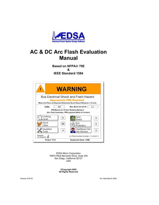 Version 6.00.00 Arc Heat March 2005
AC & DC Arc Flash Evaluation
Manual
Based on NFPA® 70E
&
IEEE Standard 1584
EDSA Micro Corporation
16870 West Bernardo Drive, Suite 330
San Diego, California 92127
USA
©Copyright 2005
All Rights Reserved
 
