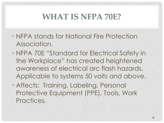 WHAT IS NFPA 70E?
• NFPA stands for National Fire Protection
Association.
• NFPA 70E “Standard for Electrical Safety in
the Workplace” has created heightened
awareness of electrical arc flash hazards.
Applicable to systems 50 volts and above.
• Affects: Training, Labeling, Personal
Protective Equipment (PPE), Tools, Work
Practices.
6
 