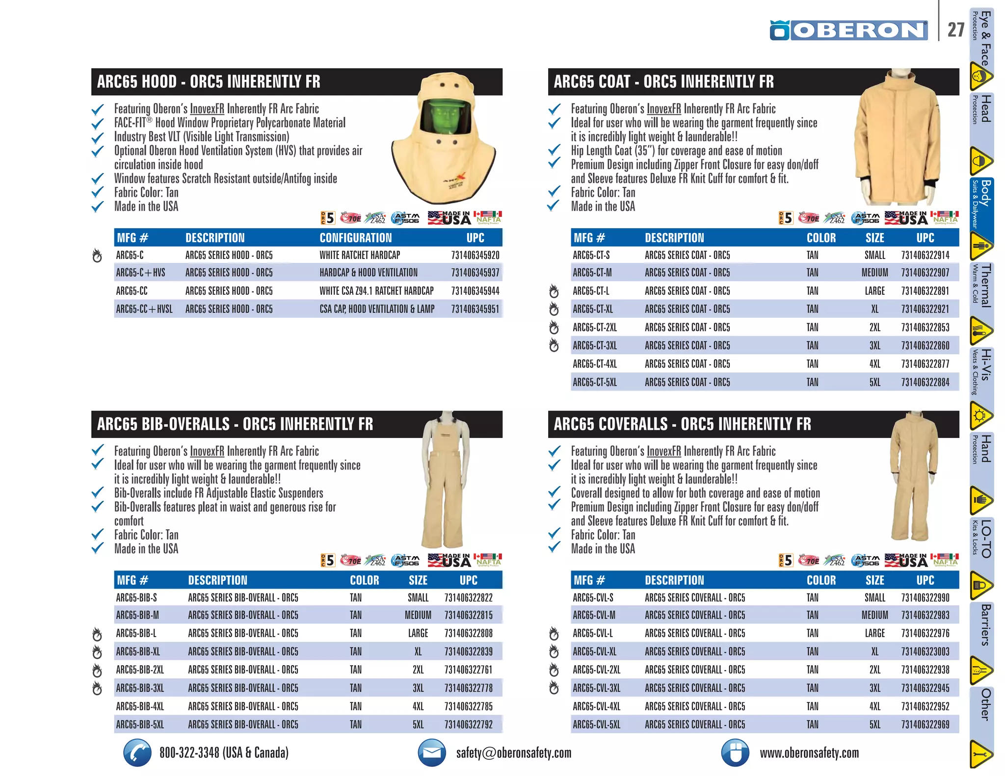 27 
ARC65 HOOD - ORC5 INHERENTLY FR 
Featuring Oberon’s InovexFR Inherently FR Arc Fabric 
FACE-FIT® Hood Window Proprietary Polycarbonate Material 
Industry Best VLT (Visible Light Transmission) 
Optional Oberon Hood Ventilation System (HVS) that provides air 
circulation inside hood 
Window features Scratch Resistant outside/Antifog inside 
Fabric Color: Tan 
Made in the USA 
/2# 
NFPA 70E CSA 
Z462 
NAFTA Qualifying Product 
MFG # DESCRIPTION CONFIGURATION UPC 
ARC65-C ARC65 SERIES HOOD - ORC5 WHITE RATCHET HARDCAP 731406345920 
ARC65-C+HVS ARC65 SERIES HOOD - ORC5 HARDCAP & HOOD VENTILATION 731406345937 
ARC65-CC ARC65 SERIES HOOD - ORC5 WHITE CSA Z94.1 RATCHET HARDCAP 731406345944 
ARC65-CC+HVSL ARC65 SERIES HOOD - ORC5 CSA CAP, HOOD VENTILATION & LAMP 731406345951 
ARC65 BIB-OVERALLS - ORC5 INHERENTLY FR 
Featuring Oberon’s InovexFR Inherently FR Arc Fabric 
Ideal for user who will be wearing the garment frequently since 
it is incredibly light weight & launderable!! 
Bib-Overalls include FR Adjustable Elastic Suspenders 
Bib-Overalls features pleat in waist and generous rise for 
comfort 
Fabric Color: Tan 
Made in the USA 
ARC65 COAT - ORC5 INHERENTLY FR 
Featuring Oberon’s InovexFR Inherently FR Arc Fabric 
Ideal for user who will be wearing the garment frequently since 
it is incredibly light weight & launderable!! 
Hip Length Coat (35”) for coverage and ease of motion 
Premium Design including Zipper Front Closure for easy don/doff 
and Sleeve features Deluxe FR Knit Cuff for comfort & fit. 
Fabric Color: Tan 
Made in the USA 
/2# 
NFPA 70E MFG # DESCRIPTION COLOR SIZE UPC 
ARC65-CT-S ARC65 SERIES COAT - ORC5 TAN SMALL 731406322914 
ARC65-CT-M ARC65 SERIES COAT - ORC5 TAN MEDIUM 731406322907 
ARC65-CT-L ARC65 SERIES COAT - ORC5 TAN LARGE 731406322891 
ARC65-CT-XL ARC65 SERIES COAT - ORC5 TAN XL 731406322921 
ARC65-CT-2XL ARC65 SERIES COAT - ORC5 TAN 2XL 731406322853 
ARC65-CT-3XL ARC65 SERIES COAT - ORC5 TAN 3XL 731406322860 
ARC65-CT-4XL ARC65 SERIES COAT - ORC5 TAN 4XL 731406322877 
ARC65-CT-5XL ARC65 SERIES COAT - ORC5 TAN 5XL 731406322884 
ARC65 COVERALLS - ORC5 INHERENTLY FR 
Featuring Oberon’s InovexFR Inherently FR Arc Fabric 
Ideal for user who will be wearing the garment frequently since 
it is incredibly light weight & launderable!! 
Coverall designed to allow for both coverage and ease of motion 
Premium Design including Zipper Front Closure for easy don/doff 
and Sleeve features Deluxe FR Knit Cuff for comfort & fit. 
Fabric Color: Tan 
Made in the USA 
CSA 
Z462 
NAFTA Qualifying Product 
ASTM 
F 1506 
ASTM 
F 1506 
/2# 
NFPA 70E CSA 
Z462 
NAFTA Qualifying Product 
/2# 
NFPA 70E CSA 
Z462 
NAFTA Qualifying Product 
ASTM 
F 1506 
ASTM 
F 1506 
MFG # DESCRIPTION COLOR SIZE UPC 
ARC65-BIB-S ARC65 SERIES BIB-OVERALL - ORC5 TAN SMALL 731406322822 
ARC65-BIB-M ARC65 SERIES BIB-OVERALL - ORC5 TAN MEDIUM 731406322815 
ARC65-BIB-L ARC65 SERIES BIB-OVERALL - ORC5 TAN LARGE 731406322808 
ARC65-BIB-XL ARC65 SERIES BIB-OVERALL - ORC5 TAN XL 731406322839 
ARC65-BIB-2XL ARC65 SERIES BIB-OVERALL - ORC5 TAN 2XL 731406322761 
ARC65-BIB-3XL ARC65 SERIES BIB-OVERALL - ORC5 TAN 3XL 731406322778 
ARC65-BIB-4XL ARC65 SERIES BIB-OVERALL - ORC5 TAN 4XL 731406322785 
ARC65-BIB-5XL ARC65 SERIES BIB-OVERALL - ORC5 TAN 5XL 731406322792 
MFG # DESCRIPTION COLOR SIZE UPC 
ARC65-CVL-S ARC65 SERIES COVERALL - ORC5 TAN SMALL 731406322990 
ARC65-CVL-M ARC65 SERIES COVERALL - ORC5 TAN MEDIUM 731406322983 
ARC65-CVL-L ARC65 SERIES COVERALL - ORC5 TAN LARGE 731406322976 
ARC65-CVL-XL ARC65 SERIES COVERALL - ORC5 TAN XL 731406323003 
ARC65-CVL-2XL ARC65 SERIES COVERALL - ORC5 TAN 2XL 731406322938 
ARC65-CVL-3XL ARC65 SERIES COVERALL - ORC5 TAN 3XL 731406322945 
ARC65-CVL-4XL ARC65 SERIES COVERALL - ORC5 TAN 4XL 731406322952 
ARC65-CVL-5XL ARC65 SERIES COVERALL - ORC5 TAN 5XL 731406322969 
800-322-3348 (USA & Canada) safety@oberonsafety.com www.oberonsafety.com 
 