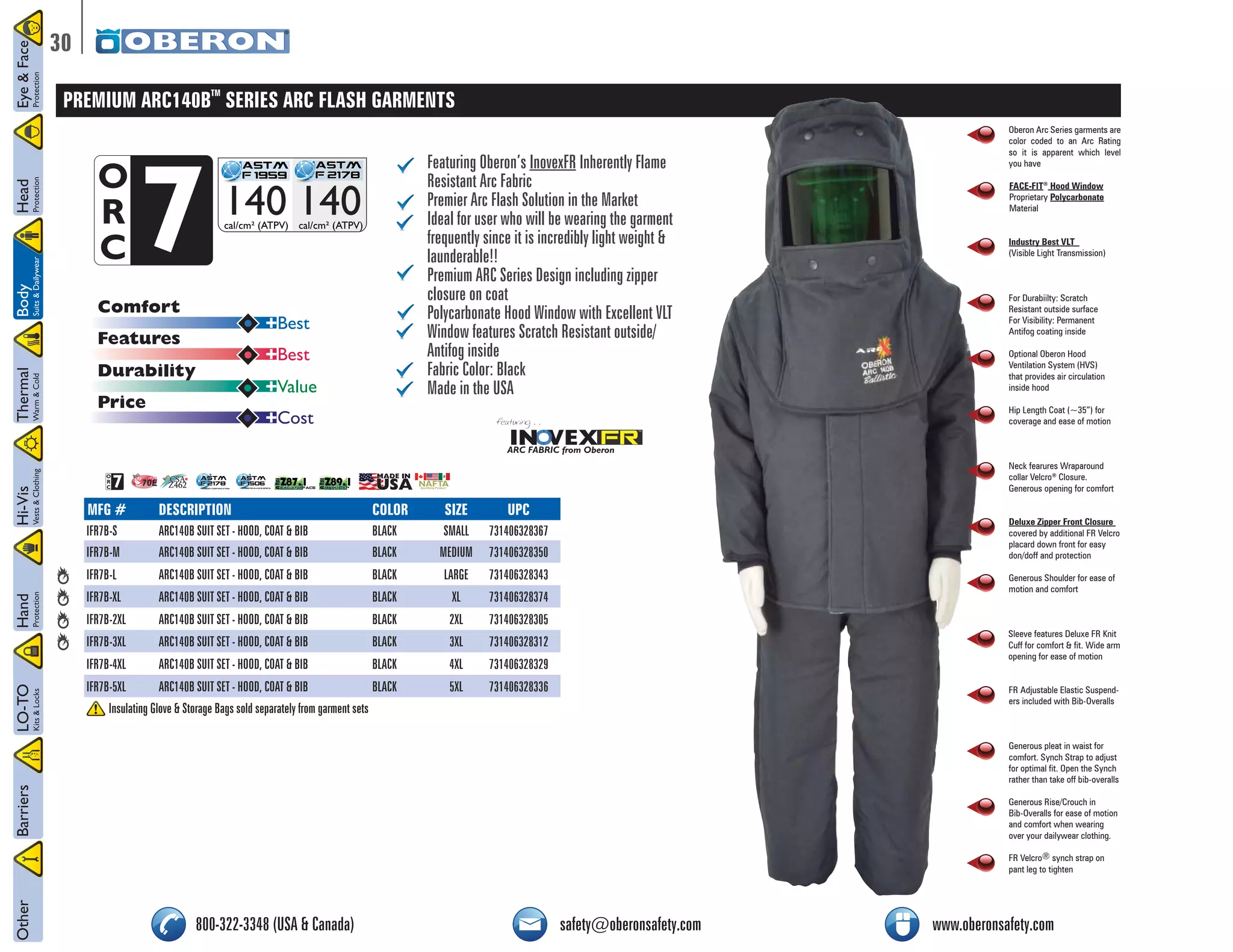 30 
PREMIUM ARC140BTM SERIES ARC FLASH GARMENTS 
Featuring Oberon’s InovexFR Inherently Flame 
Resistant Arc Fabric 
Premier Arc Flash Solution in the Market 
Ideal for user who will be wearing the garment 
frequently since it is incredibly light weight & 
launderable!! 
Premium ARC Series Design including zipper 
closure on coat 
Polycarbonate Hood Window with Excellent VLT 
Window features Scratch Resistant outside/ 
Antifog inside 
Fabric Color: Black 
Made in the USA 
ASTM 
F 1959 
140 140 
cal/cm² (ATPV) cal/cm² (ATPV) 
+Best 
+Best 
ASTM 
F 2178 
+Value 
+Cost 
/2# 
Comfort 
Features 
Durability 
Price 
featuring . . 
Oberon Arc Series garments are 
color coded to an Arc Rating 
so it is apparent which level 
you have 
Industry Best VLT 
(Visible Light Transmission) 
For Durabiilty: Scratch 
Resistant outside surface 
For Visibility: Permanent 
Antifog coating inside 
Hip Length Coat (~35”) for 
coverage and ease of motion 
Deluxe Zipper Front Closure 
covered by additional FR Velcro 
placard down front for easy 
don/doff and protection 
Generous Shoulder for ease of 
motion and comfort 
Generous pleat in waist for 
comfort. Synch Strap to adjust 
for optimal fit. Open the Synch 
rather than take off bib-overalls 
800-322-3348 (USA & Canada) safety@oberonsafety.com www.oberonsafety.com 
/2# 
NFPA 70E CSA 
Z462 
Z87.1 Face 
ANSI 
Eye and FaCE 
Z89.1 HArd Cap 
ANSI 
Hard NAFTA Qualifying Product 
ASTM 
F 2178 
Product Certification 
ASTM 
F 1506 
FR Performance Specs 
IN VEX TM 
ARC FABRIC from Oberon 
MFG # DESCRIPTION COLOR SIZE UPC 
IFR7B-S ARC140B SUIT SET - HOOD, COAT & BIB BLACK SMALL 731406328367 
IFR7B-M ARC140B SUIT SET - HOOD, COAT & BIB BLACK MEDIUM 731406328350 
IFR7B-L ARC140B SUIT SET - HOOD, COAT & BIB BLACK LARGE 731406328343 
IFR7B-XL ARC140B SUIT SET - HOOD, COAT & BIB BLACK XL 731406328374 
IFR7B-2XL ARC140B SUIT SET - HOOD, COAT & BIB BLACK 2XL 731406328305 
IFR7B-3XL ARC140B SUIT SET - HOOD, COAT & BIB BLACK 3XL 731406328312 
IFR7B-4XL ARC140B SUIT SET - HOOD, COAT & BIB BLACK 4XL 731406328329 
IFR7B-5XL ARC140B SUIT SET - HOOD, COAT & BIB BLACK 5XL 731406328336 
Insulating Glove & Storage Bags sold separately from garment sets 
FACE-FIT® Hood Window 
Proprietary Polycarbonate 
Material 
Optional Oberon Hood 
Ventilation System (HVS) 
that provides air circulation 
inside hood 
Neck fearures Wraparound 
collar Velcro® Closure. 
Generous opening for comfort 
Sleeve features Deluxe FR Knit 
Cuff for comfort & fit. Wide arm 
opening for ease of motion 
FR Adjustable Elastic Suspend-ers 
included with Bib-Overalls 
Generous Rise/Crouch in 
Bib-Overalls for ease of motion 
and comfort when wearing 
over your dailywear clothing. 
FR Velcro® synch strap on 
pant leg to tighten 
 