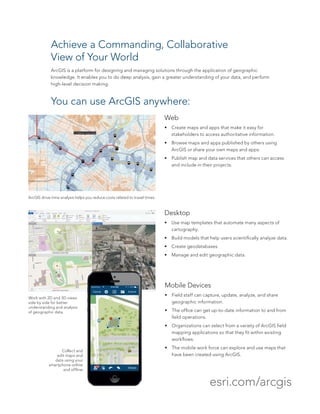 Achieve a Commanding, Collaborative
View of Your World
ArcGIS is a platform for designing and managing solutions through the application of geographic
knowledge. It enables you to do deep analysis, gain a greater understanding of your data, and perform
high-level decision making.
You can use ArcGIS anywhere:
Mobile Devices
•	 Field staff can capture, update, analyze, and share
geographic information.
•	 The office can get up-to-date information to and from
field operations.
•	 Organizations can select from a variety of ArcGIS field
mapping applications so that they fit within existing
workflows.
•	 The mobile work force can explore and use maps that
have been created using ArcGIS.
Web
•	 Create maps and apps that make it easy for
stakeholders to access authoritative information.
•	 Browse maps and apps published by others using
ArcGIS or share your own maps and apps.
•	 Publish map and data services that others can access
and include in their projects.
Desktop
•	 Use map templates that automate many aspects of
cartography.
•	 Build models that help users scientifically analyze data.
•	 Create geodatabases.
•	 Manage and edit geographic data.
ArcGIS drive-time analysis helps you reduce costs related to travel times.
Collect and
edit maps and
data using your
smartphone online
and offline.
Work with 2D and 3D views
side by side for better
understanding and analysis
of geographic data.
esri.com/arcgis
 