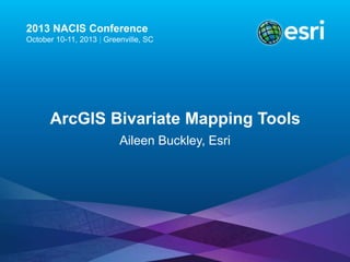 2013 NACIS Conference
October 10-11, 2013 | Greenville, SC

ArcGIS Bivariate Mapping Tools
Aileen Buckley, Esri

 