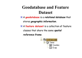 Geodatabase and Feature
        Dataset
 A geodatabase is a relational database that
  stores geographic information.

 A feature dataset is a collection of feature
  classes that share the same spatial
  reference frame.
 