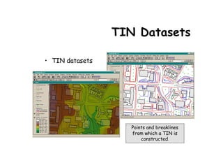 TIN Datasets

• TIN datasets




                    Points and breaklines
                    from which a TIN is
                        constructed.
 