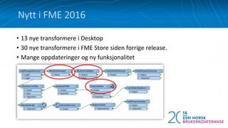 Nytt i FME 2016
• 13 nye transformere i Desktop
• 30 nye transformere i FME Store siden forrige release.
• Mange oppdateringer og ny funksjonalitet
 