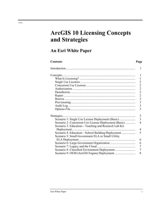 J-9910
Esri White Paper i
ArcGIS 10 Licensing Concepts
and Strategies
An Esri White Paper
Contents Page
Introduction........................................................................................... 1
Concepts................................................................................................ 1
What Is Licensing? ......................................................................... 1
Single Use Licenses........................................................................ 2
Concurrent Use Licenses ................................................................ 2
Authorization .................................................................................. 2
Deauthorize..................................................................................... 2
Repair.............................................................................................. 2
Borrow ............................................................................................ 3
Provisioning.................................................................................... 3
Audit Log........................................................................................ 3
Options File..................................................................................... 3
Strategies............................................................................................... 3 
Scenario 1: Single Use License Deployment (Basic) ..................... 3 
Scenario 2: Concurrent Use License Deployment (Basic) ............. 4 
Scenario 3: Education—Teaching and Research Lab Kit
Deployment................................................................................... 4 
Scenario 4: Education—School Building Deployment .................. 5 
Scenario 5: Small Government ELA or Small Utility
ELA Deployment.......................................................................... 6 
Scenario 6: Large Government Organization ................................. 6 
Scenario 7: Legacy and the Cloud .................................................. 7 
Scenario 8: Classified Environment Deployment........................... 7 
Scenario 9: OEM (ArcGIS Engine) Deployment ........................... 8
 